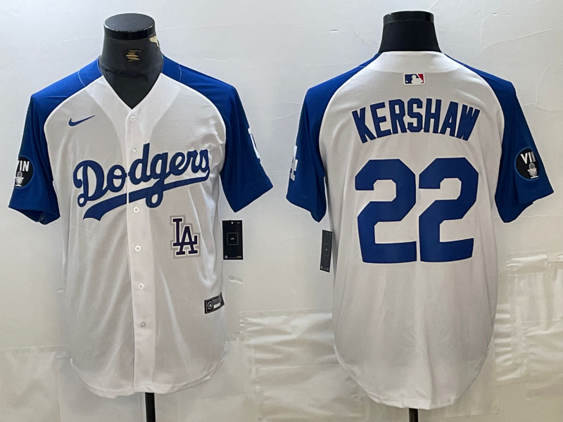 Men's Los Angeles Dodgers #22 Clayton Kershaw White Blue Vin Patch Cool Base Stitched Baseball Jersey 1 Men's Los Angeles Dodgers #22 Clayton Kershaw White Blue Vin Patch Cool Base Stitched Baseball Jersey 1