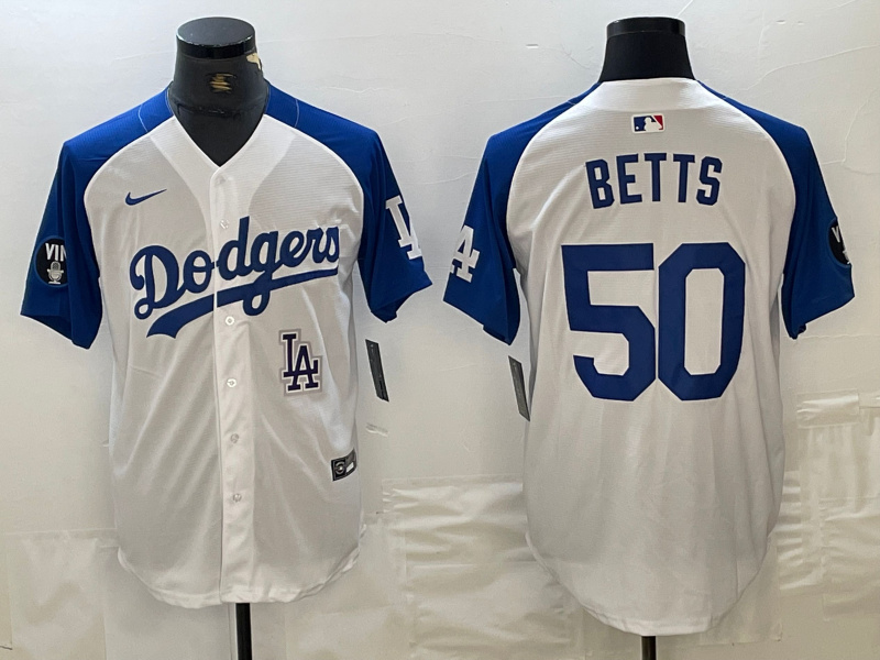 Men's Los Angeles Dodgers #50 Mookie Betts White Blue Vin Patch Cool Base Stitched Baseball Jersey 5 Men's Los Angeles Dodgers #50 Mookie Betts White Blue Vin Patch Cool Base Stitched Baseball Jersey 5