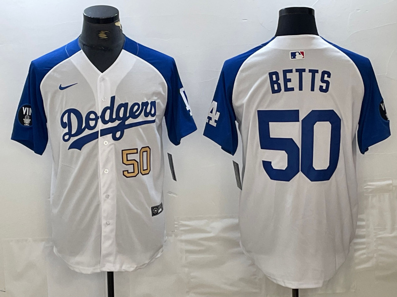 Men's Los Angeles Dodgers #50 Mookie Betts White Blue Vin Patch Cool Base Stitched Baseball Jersey 2 Men's Los Angeles Dodgers #50 Mookie Betts White Blue Vin Patch Cool Base Stitched Baseball Jersey 2
