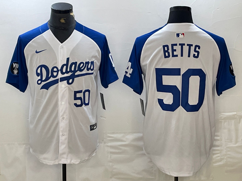 Men's Los Angeles Dodgers #50 Mookie Betts White Blue Vin Patch Cool Base Stitched Baseball Jersey 1 Men's Los Angeles Dodgers #50 Mookie Betts White Blue Vin Patch Cool Base Stitched Baseball Jersey 1