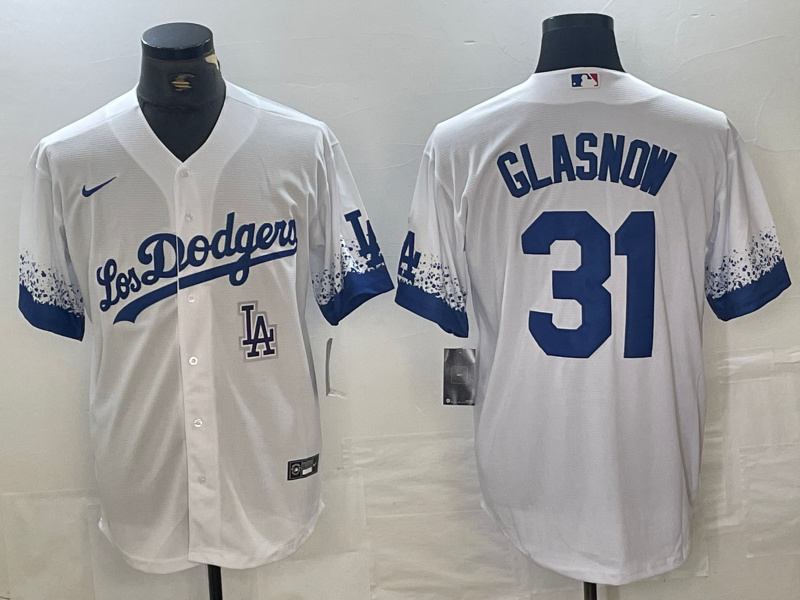 Men's Los Angeles Dodgers #31 Tyler Glasnow White City Connect Cool Base Stitched Baseball Jersey 1 Men's Los Angeles Dodgers #31 Tyler Glasnow White City Connect Cool Base Stitched Baseball Jersey 1