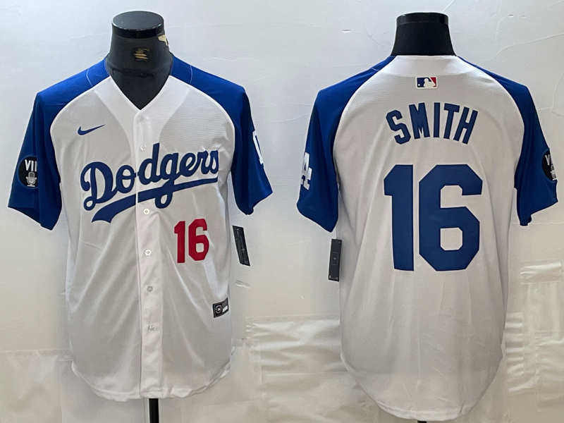 Men's Los Angeles Dodgers #16 Will Smith White Blue Vin Patch Cool Base Stitched Baseball Jersey 15 Men's Los Angeles Dodgers #16 Will Smith White Blue Vin Patch Cool Base Stitched Baseball Jersey 15