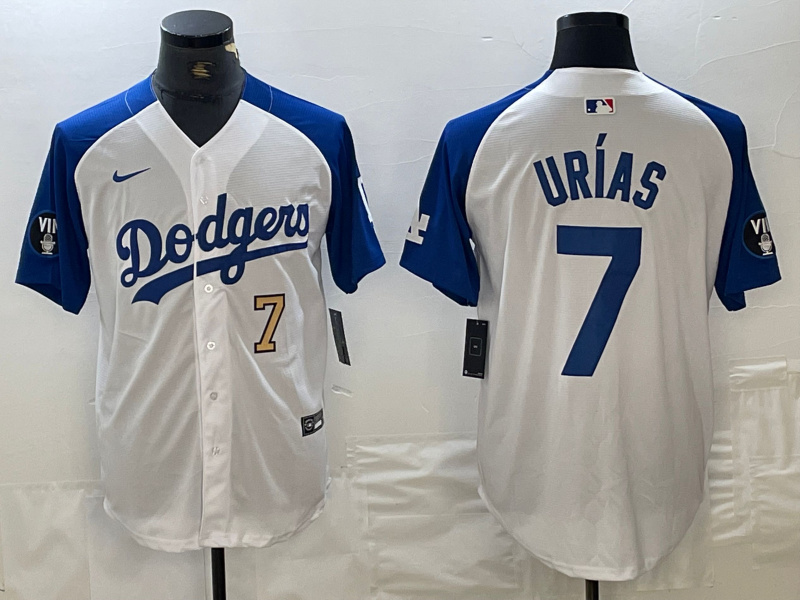 Men's Los Angeles Dodgers #7 Julio Urías White Blue Vin Patch Cool Base Stitched Baseball Jersey 4 Men's Los Angeles Dodgers #7 Julio Urías White Blue Vin Patch Cool Base Stitched Baseball Jersey 4