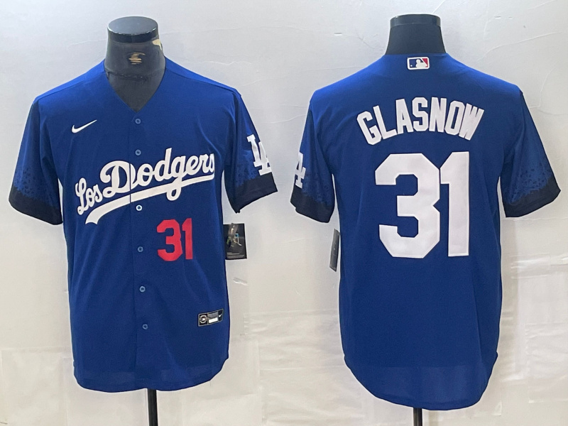 Men's Los Angeles Dodgers #31 Tyler Glasnow Blue City Connect Cool Base Stitched Baseball Jersey 4 Men's Los Angeles Dodgers #31 Tyler Glasnow Blue City Connect Cool Base Stitched Baseball Jersey 4