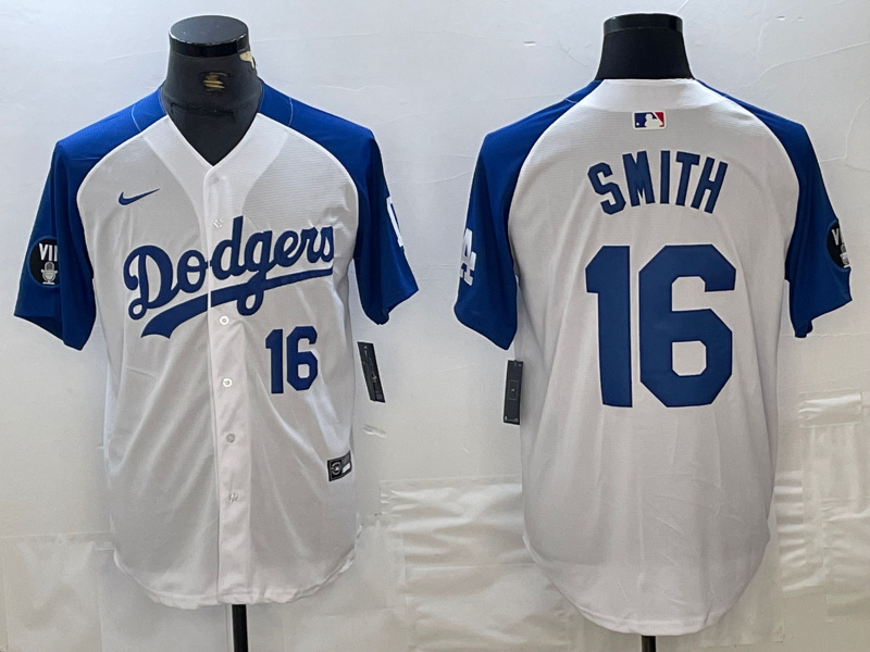 Men's Los Angeles Dodgers #16 Will Smith White Blue Vin Patch Cool Base Stitched Baseball Jersey 8 Men's Los Angeles Dodgers #16 Will Smith White Blue Vin Patch Cool Base Stitched Baseball Jersey 8