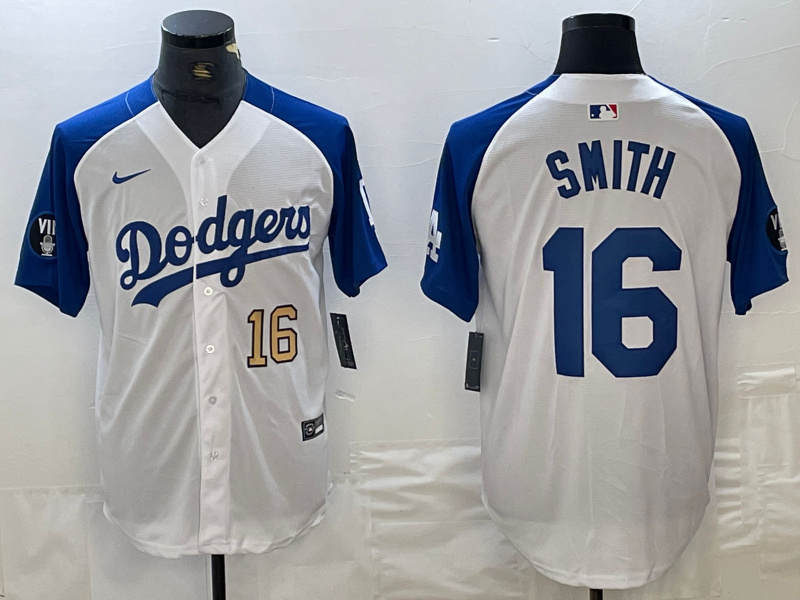 Men's Los Angeles Dodgers #16 Will Smith White Blue Vin Patch Cool Base Stitched Baseball Jersey 7 Men's Los Angeles Dodgers #16 Will Smith White Blue Vin Patch Cool Base Stitched Baseball Jersey 7