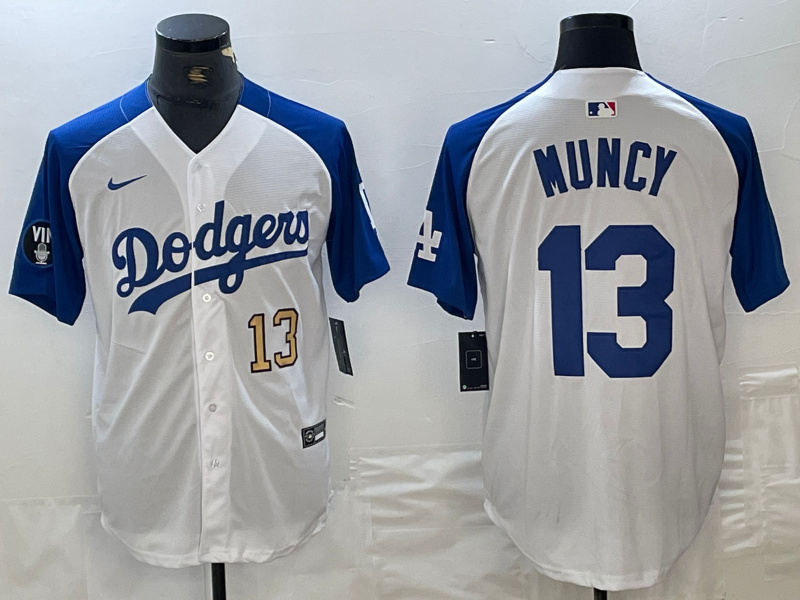 Men's Los Angeles Dodgers #13 Max Muncy White Blue Vin Patch Cool Base Stitched Baseball Jersey 4 Men's Los Angeles Dodgers #13 Max Muncy White Blue Vin Patch Cool Base Stitched Baseball Jersey 4
