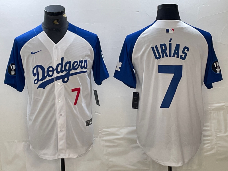 Men's Los Angeles Dodgers #7 Julio Urías White Blue Vin Patch Cool Base Stitched Baseball Jersey Men's Los Angeles Dodgers #7 Julio Urías White Blue Vin Patch Cool Base Stitched Baseball Jersey