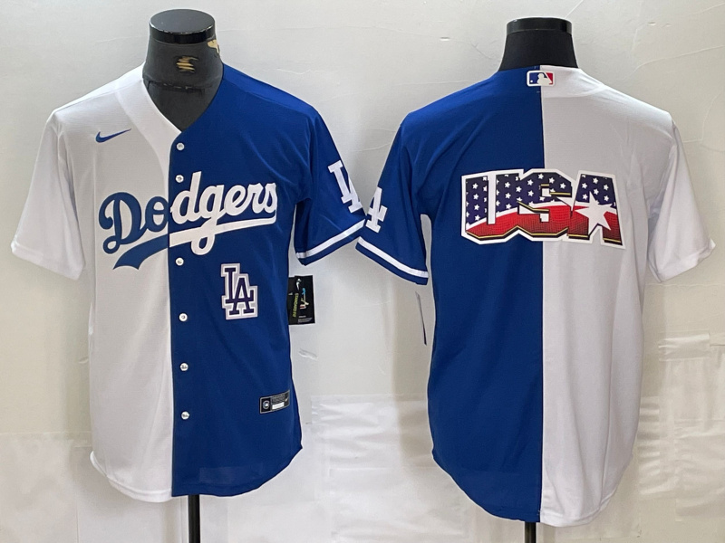 Men's Los Angeles Dodgers Team Big Logo White Blue Split Cool Base Stitched Baseball Jersey 7 Men's Los Angeles Dodgers Team Big Logo White Blue Split Cool Base Stitched Baseball Jersey 7