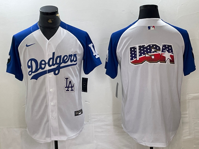 Men's Los Angeles Dodgers Big Logo White Blue Vin Patch Cool Base Stitched Baseball Jersey Men's Los Angeles Dodgers Big Logo White Blue Vin Patch Cool Base Stitched Baseball Jersey