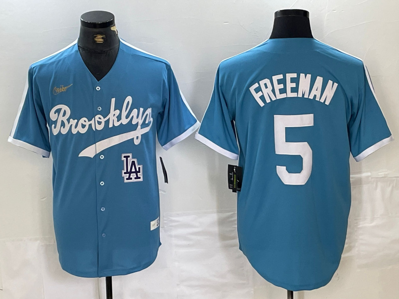 Men's Los Angeles Dodgers #5 Freddie Freeman Light Blue Throwback Cool Base Stitched Baseball Jersey s Men's Los Angeles Dodgers #5 Freddie Freeman Light Blue Throwback Cool Base Stitched Baseball Jersey s
