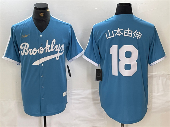 Men's Los Angeles Dodgers #18 山本由伸 Light Blue Throwback Cool Base Stitched Baseball Jersey Men's Los Angeles Dodgers #18 山本由伸 Light Blue Throwback Cool Base Stitched Baseball Jersey