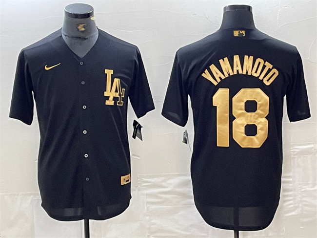 Men's Los Angeles Dodgers #18 Yoshinobu Yamamoto Black Cool Base Stitched Baseball Jersey Men's Los Angeles Dodgers #18 Yoshinobu Yamamoto Black Cool Base Stitched Baseball Jersey