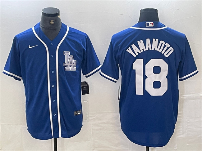 Men's Los Angeles Dodgers #18 Yoshinobu Yamamoto Blue Cool Base Stitched Baseball Jersey Men's Los Angeles Dodgers #18 Yoshinobu Yamamoto Blue Cool Base Stitched Baseball Jersey