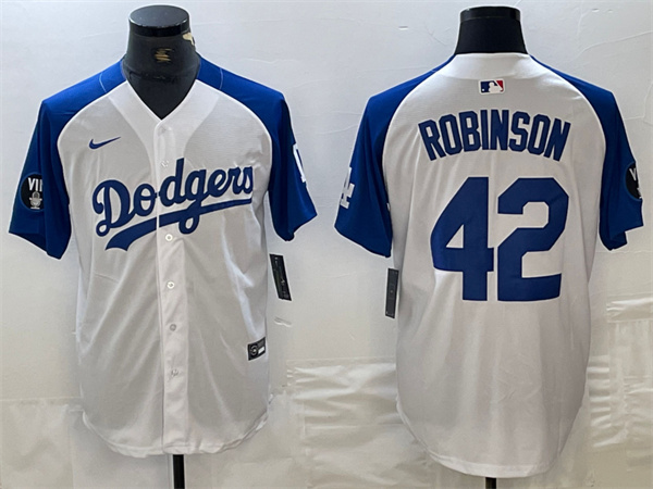 Men's Los Angeles Dodgers #42 Jackie Robinson White Blue Vin Patch Cool Base Stitched Baseball Jersey Men's Los Angeles Dodgers #42 Jackie Robinson White Blue Vin Patch Cool Base Stitched Baseball Jersey