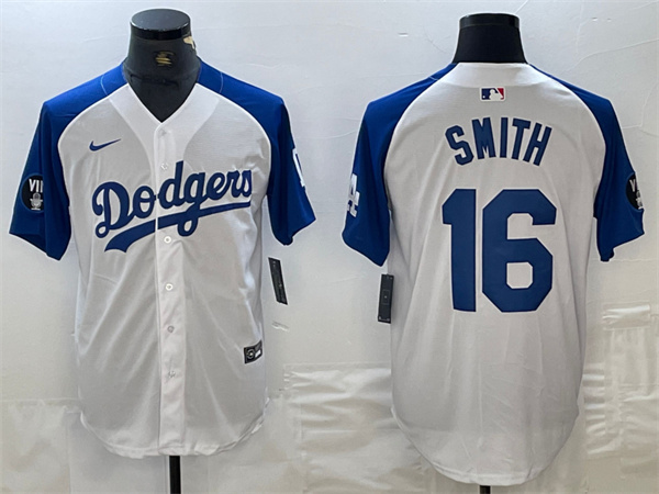 Men's Los Angeles Dodgers #16 Will Smith White Blue Vin Patch Cool Base Stitched Baseball Jersey Men's Los Angeles Dodgers #16 Will Smith White Blue Vin Patch Cool Base Stitched Baseball Jersey
