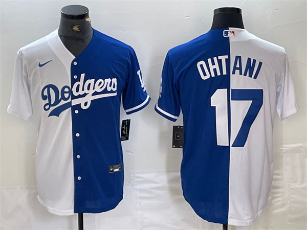 Men's Los Angeles Dodgers #17 Shohei Ohtani White Blue Split Cool Base Stitched Baseball Jersey Men's Los Angeles Dodgers #17 Shohei Ohtani White Blue Split Cool Base Stitched Baseball Jersey