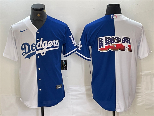 Men's Los Angeles Dodgers Team Big Logo White Blue Split Cool Base Stitched Baseball Jersey 3 Men's Los Angeles Dodgers Team Big Logo White Blue Split Cool Base Stitched Baseball Jersey 3