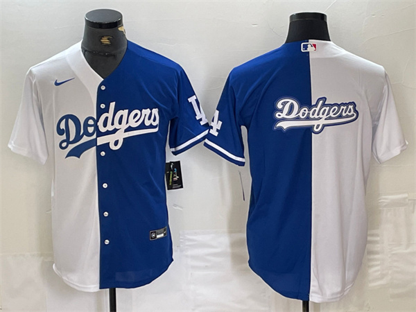 Men's Los Angeles Dodgers Team Big Logo White Blue Split Cool Base Stitched Baseball Jersey Men's Los Angeles Dodgers Team Big Logo White Blue Split Cool Base Stitched Baseball Jersey