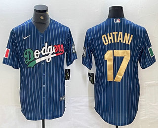 Men's Los Angeles Dodgers #17 Shohei Ohtani Mexico Blue Gold Pinstripe Cool Base Stitched Jersey Men's Los Angeles Dodgers #17 Shohei Ohtani Mexico Blue Gold Pinstripe Cool Base Stitched Jersey