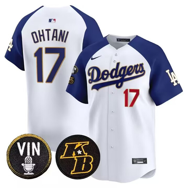 Men's Los Angeles Dodgers #17 Shohei Ohtani White Vin & Kobe Patch Cool Base Stitched Baseball Jersey Men's Los Angeles Dodgers #17 Shohei Ohtani White Vin & Kobe Patch Cool Base Stitched Baseball Jersey