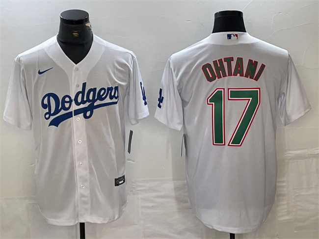 Men's Los Angeles Dodgers #17 Shohei Ohtani White Green Cool Base Stitched Baseball Jersey Men's Los Angeles Dodgers #17 Shohei Ohtani White Green Cool Base Stitched Baseball Jersey