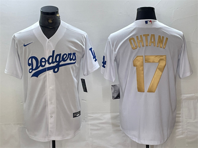 Men's Los Angeles Dodgers #17 Shohei Ohtani White Gold Cool Base Stitched Baseball Jersey Men's Los Angeles Dodgers #17 Shohei Ohtani White Gold Cool Base Stitched Baseball Jersey