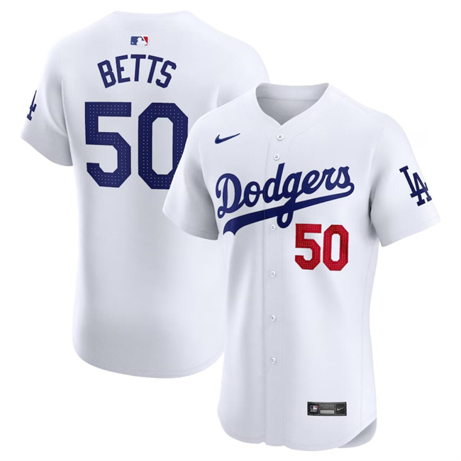 Men's Men's Los Angeles Dodgers #50 Mookie Betts White 2024 Home Elite Stitched Jersey Men's Men's Los Angeles Dodgers #50 Mookie Betts White 2024 Home Elite Stitched Jersey