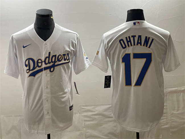 Men's Los Angeles Dodgers #17 Shohei Ohtani White Gold Cool Base With Patch Stitched Baseball Jersey Men's Los Angeles Dodgers #17 Shohei Ohtani White Gold Cool Base With Patch Stitched Baseball Jersey
