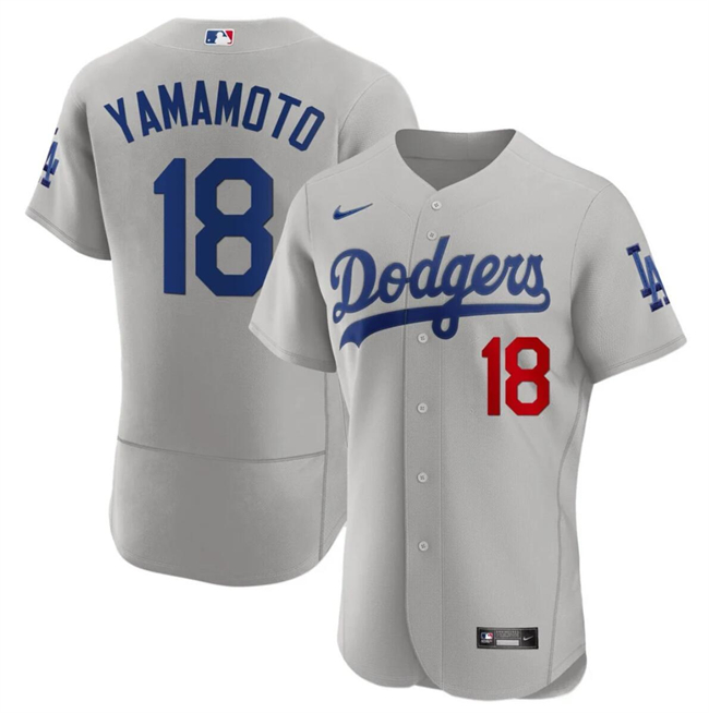Men's Los Angeles Dodgers #18 Yoshinobu Yamamoto Gray 2023 Flex Base Stitched Baseball Jersey Men's Los Angeles Dodgers #18 Yoshinobu Yamamoto Gray 2023 Flex Base Stitched Baseball Jersey