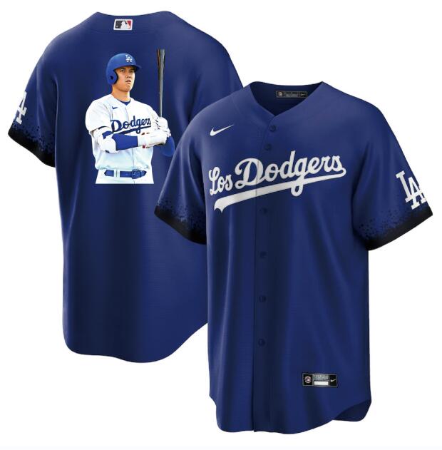 Men's Los Angeles Dodgers #17 Shohei Ohtani Blue Big Logo City Connect Cool Base Stitched Jersey 5 Men's Los Angeles Dodgers #17 Shohei Ohtani Blue Big Logo City Connect Cool Base Stitched Jersey 5