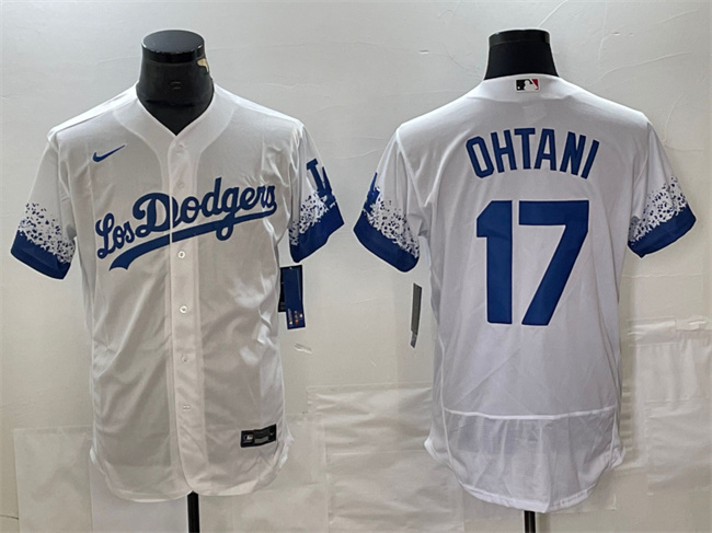 Men's Los Angeles Dodgers #17 Shohei Ohtani White City Connect Flex Base With Patch Stitched Baseball Jersey Men's Los Angeles Dodgers #17 Shohei Ohtani White City Connect Flex Base With Patch Stitched Baseball Jersey