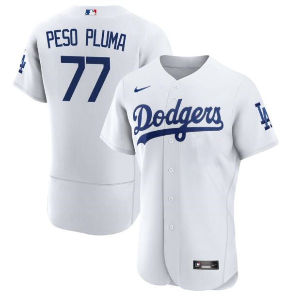 Men's Los Angeles Dodgers #77 Peso Pluma White Flex Base Stitched Baseball JerseyS Men's Los Angeles Dodgers #77 Peso Pluma White Flex Base Stitched Baseball JerseyS