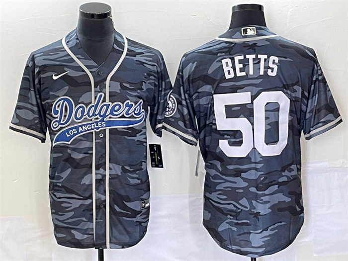 Men's Los Angeles Dodgers #50 Mookie Betts Gray Camo Cool Base With Patch Stitched Baseball Jersey Men's Los Angeles Dodgers #50 Mookie Betts Gray Camo Cool Base With Patch Stitched Baseball Jersey