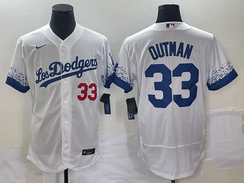 Men's Los Angeles Dodgers #33 James Outman White City Connect Flex Base Stitched Baseball Jersey Men's Los Angeles Dodgers #33 James Outman White City Connect Flex Base Stitched Baseball Jersey