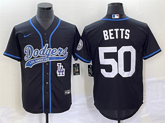 Men's Los Angeles Dodgers #50 Mookie Betts Black With Patch Cool Base Stitched Baseball Jersey Men's Los Angeles Dodgers #50 Mookie Betts Black With Patch Cool Base Stitched Baseball Jersey