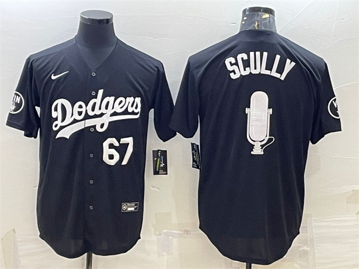 Men's Los Angeles Dodgers #67 Vin Scully Black Big Logo With Vin Scully Patch Stitched JerseyS Men's Los Angeles Dodgers #67 Vin Scully Black Big Logo With Vin Scully Patch Stitched JerseyS