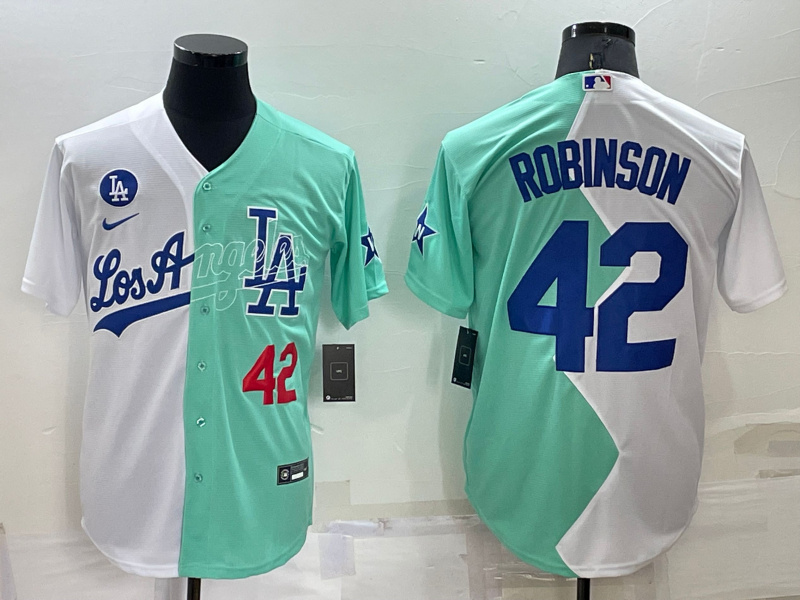 Men's Los Angeles Dodgers #42 Jackie Robinson 2022 All-Star White Green Cool Base Stitched Baseball Jerseys Men's Los Angeles Dodgers #42 Jackie Robinson 2022 All-Star White Green Cool Base Stitched Baseball Jerseys