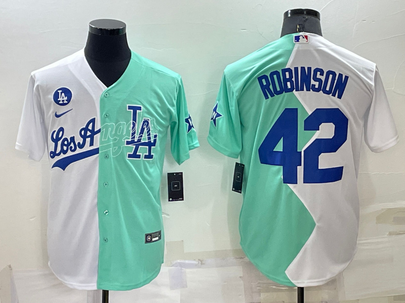Men's Los Angeles Dodgers #42 Jackie Robinson 2022 All-Star White-Green Cool Base Stitched Baseball Jersey Men's Los Angeles Dodgers #42 Jackie Robinson 2022 All-Star White-Green Cool Base Stitched Baseball Jersey