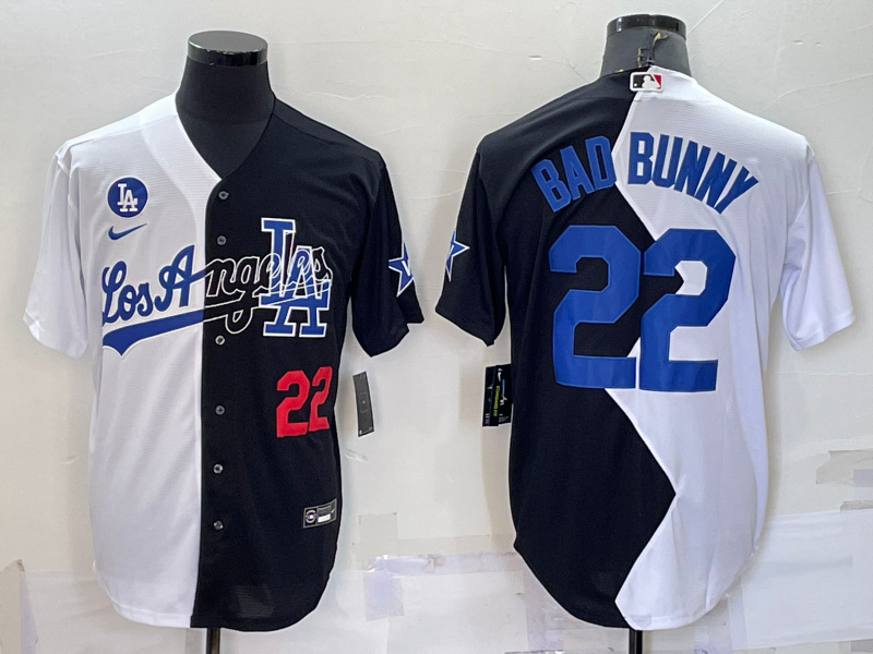 Men's Los Angeles Dodgers #22 Bad Bunny 2022 All-Star White-Black Split Cool Base Stitched Baseball Jersey Men's Los Angeles Dodgers #22 Bad Bunny 2022 All-Star White-Black Split Cool Base Stitched Baseball Jersey