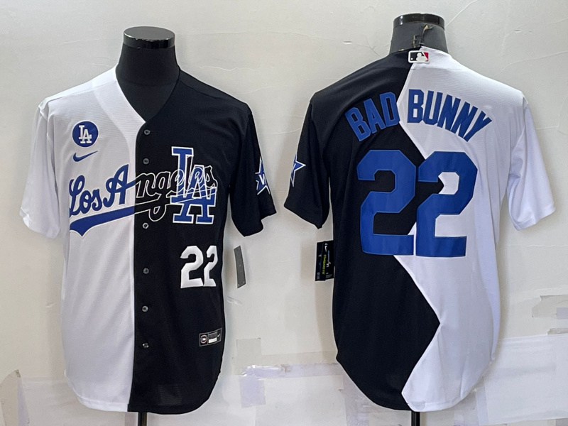 Men's Los Angeles Dodgers #22 Bad Bunny 2022 All-Star White Black Split Cool Base Stitched Baseball Jersey Men's Los Angeles Dodgers #22 Bad Bunny 2022 All-Star White Black Split Cool Base Stitched Baseball Jersey