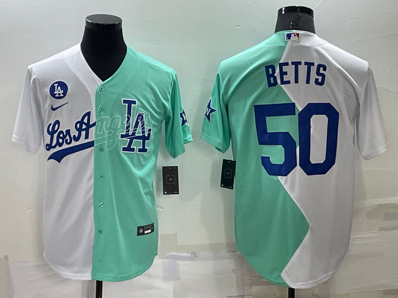 Men's Los Angeles Dodgers #50 Mookie Betts 2022 All-Star White Green Cool Base Stitched Baseball Jersey Men's Los Angeles Dodgers #50 Mookie Betts 2022 All-Star White Green Cool Base Stitched Baseball Jersey