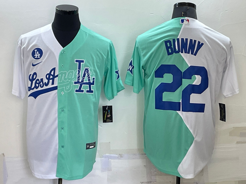 Men's Los Angeles Dodgers #22 Bad Bunny 2022 All-Star White-Green Cool Base Stitched Baseball Jerseys Men's Los Angeles Dodgers #22 Bad Bunny 2022 All-Star White-Green Cool Base Stitched Baseball Jerseys