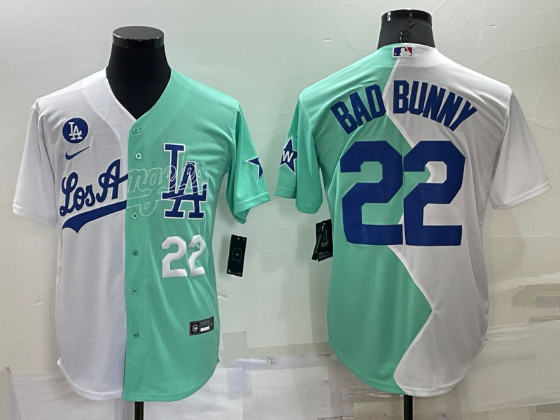 Men's Los Angeles Dodgers #22 Bad Bunny 2022 All-Star White Green Cool Base Stitched Baseball Jerseys Men's Los Angeles Dodgers #22 Bad Bunny 2022 All-Star White Green Cool Base Stitched Baseball Jerseys