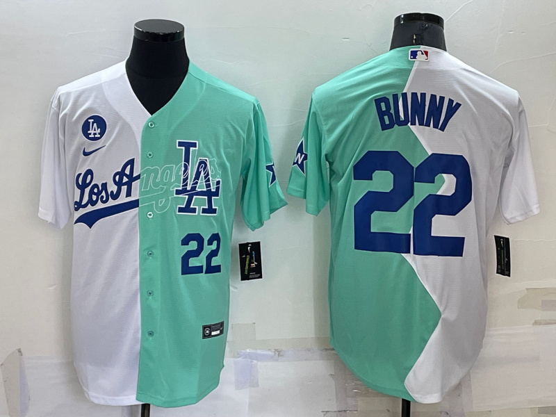 Men's Los Angeles Dodgers #22 Bad Bunny 2022 All-Star White Green Cool Base Stitched Baseball Jersey Men's Los Angeles Dodgers #22 Bad Bunny 2022 All-Star White Green Cool Base Stitched Baseball Jersey