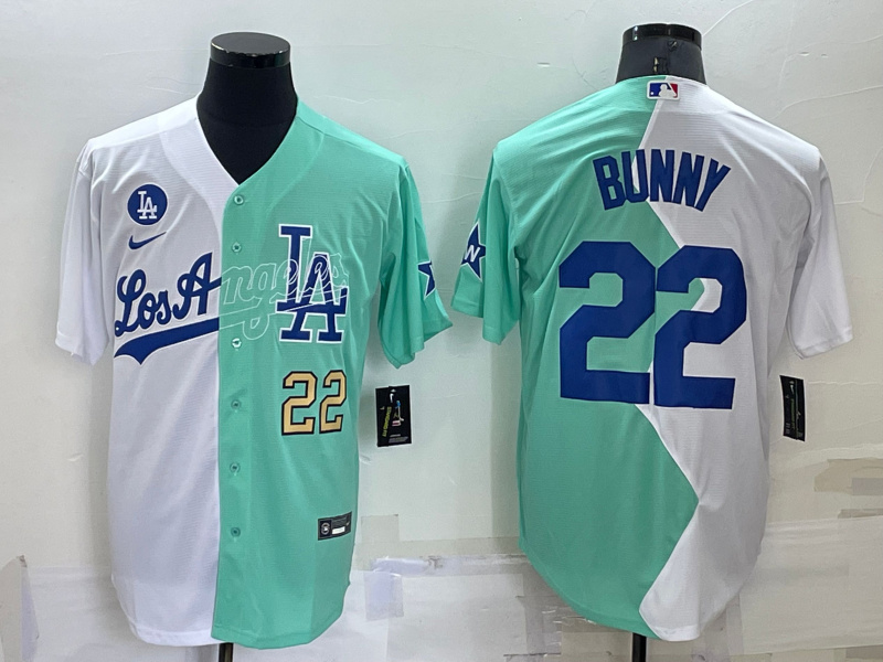 Men's Los Angeles Dodgers #22 Bad Bunny 2022 All Star White Green Cool Base Stitched Baseball Jersey Men's Los Angeles Dodgers #22 Bad Bunny 2022 All Star White Green Cool Base Stitched Baseball Jersey