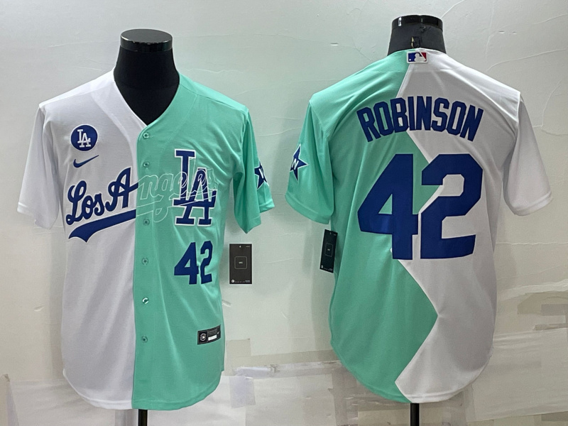 Men's Los Angeles Dodgers #42 Jackie Robinson 2022 All-Star White Green Cool Base Stitched Jersey Men's Los Angeles Dodgers #42 Jackie Robinson 2022 All-Star White Green Cool Base Stitched Jersey