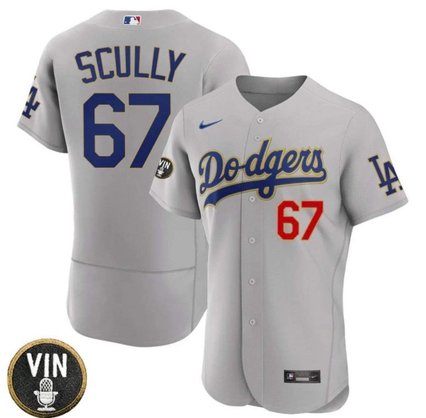 Men's Los Angeles Dodgers #67 Vin Scully 2022 Grey Vin Scully Patch Flex Base Stitched Baseball Jersey Men's Los Angeles Dodgers #67 Vin Scully 2022 Grey Vin Scully Patch Flex Base Stitched Baseball Jersey
