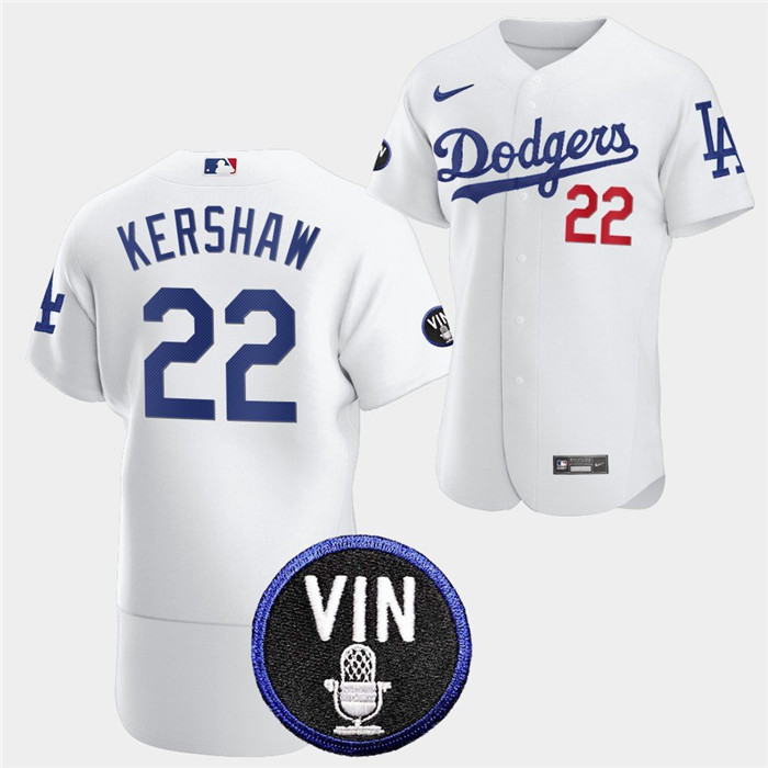 Men's Los Angeles Dodgers #22 Clayton Kershaw 2022 White Vin Scully Patch Flex Base Stitched Baseball Jersey Men's Los Angeles Dodgers #22 Clayton Kershaw 2022 White Vin Scully Patch Flex Base Stitched Baseball Jersey