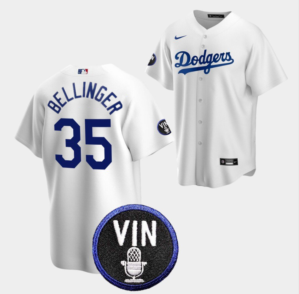 Men's Los Angeles Dodgers #35 Cody Bellinger 2022 White Vin Scully Patch Cool Base Stitched Baseball Jersey Men's Los Angeles Dodgers #35 Cody Bellinger 2022 White Vin Scully Patch Cool Base Stitched Baseball Jersey